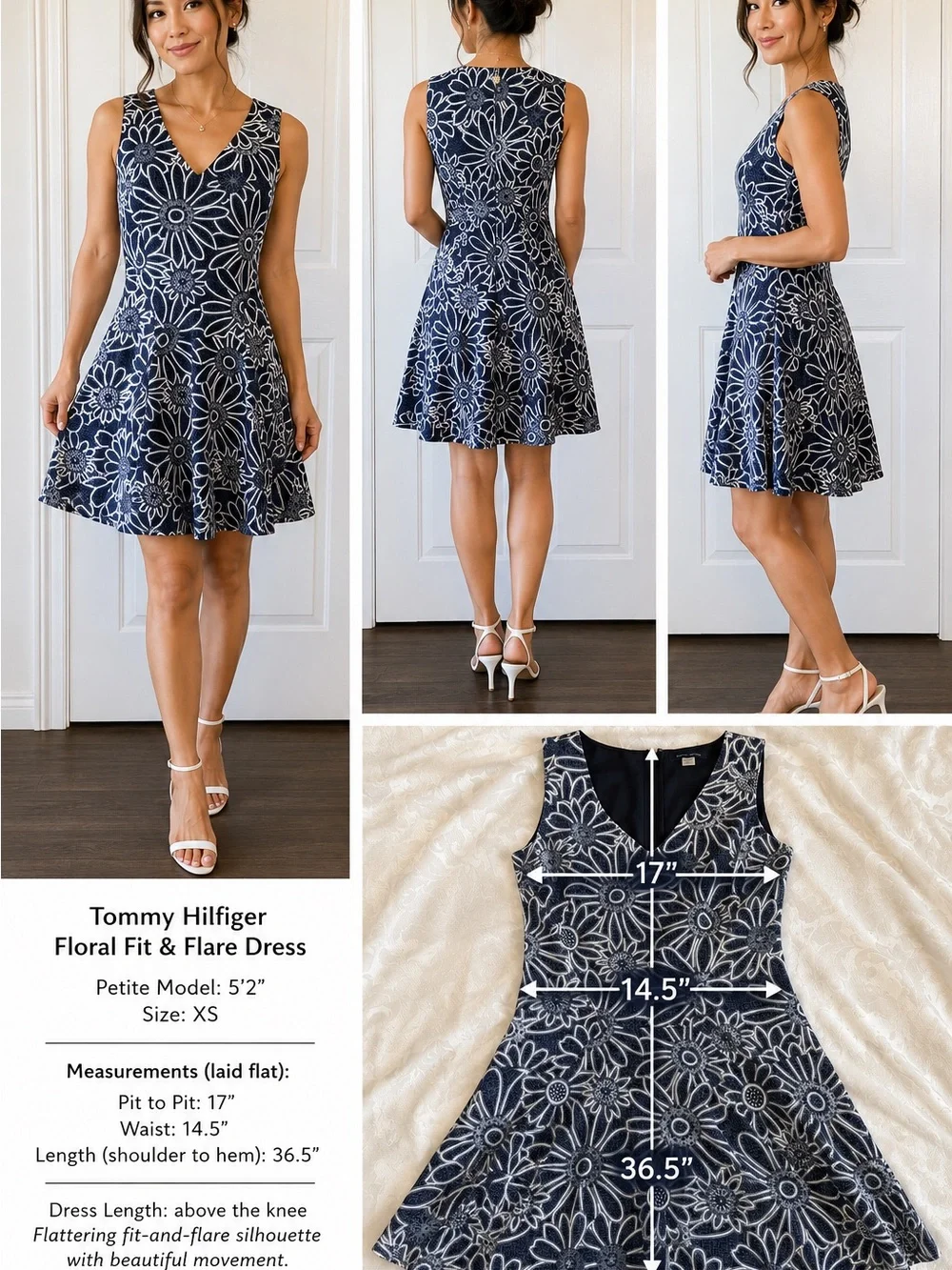 Tommy Hilfiger Floral Fit & Flare Dress Size 4 Navy White Sleeveless V-Neck - Picture 1 of 9